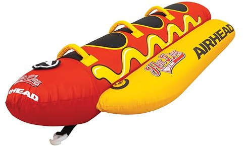 Airhead Hot Dog Towable, 1-3 Rider Tube for boating and Water Sports, Neoprene Seat Pads, Double-Stitched Full Nylon Cover, and Boston Valve for Convenient Inflating and Deflating