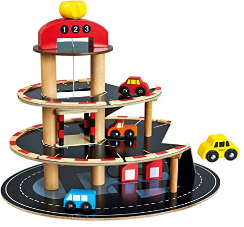 Bino Parkhaus aus Holz, Spielzeug für Kinder ab 3 Jahre (Autospielzeug mit 3 Etagen, Aufzug und 4 Autos, Motorikspielzeug mit Tankstelle, aus robustem & massivem Holz), Mehrfarbig