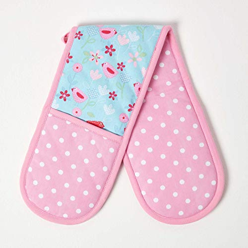 HOMESCAPES – Pur Coton – Gant de Cuisine Double – Oiseaux et Fleurs – Rose Bleu – 18 x 84 cm - Linge de Cuisine Entièrement Coordonné et Lavable