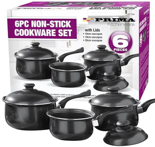 6pc Non Stick Cookware Set - Sauce Pan Pot Glass Lid | Kitchen Fry Pan | Frying Lids | Lightweight Strong Durable | Bakelite Handle - Dishwasher Safe New