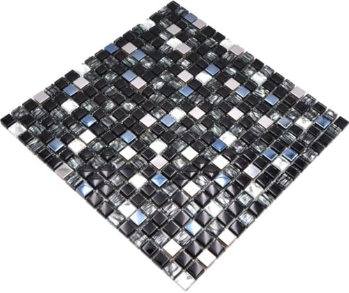 Glasmosaik Quadrat Crystal/Edelstahl mix schwarz/Glas Transluzent Transparent 3D, Mosaikstein Format: 15x15x8 mm, Mattengröße: 300x300 mm, 1 Matte