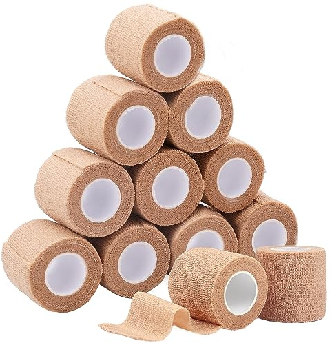 LotFancy Self Adhesive Bandage Wrap, 12 Pack, 2 x 5 Yards Non Woven Medical Tape, First Aid Tape for Athletic Wrist Ankle Sprains Swelling, Tan Color