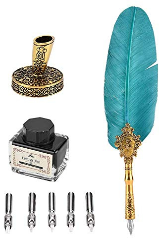 Schreibfeder Set, Retro Kalligraphie Feder Pen Handgemachte Dip Stift mit 5 Ersatzspitzen, Tinte Flasche und Stiftfederbasis, Antique Desk Decor