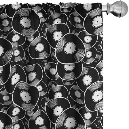Ambesonne Retro Window Curtains, Music Themed Pattern of Repeating Records Old Time Musical Interests Discs, Lightweight Decor 2-Panel Set with Rod Pocket, Pair of - 28 x 95, Grey Charcoal