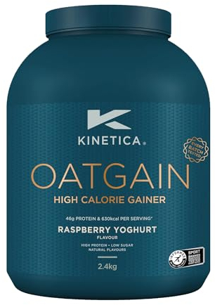 Kinetica Sports OatGain Mass Gainer–Raspberry Yoghurt, 2.4Kg, 15 Servings | 46g Protein, 78g Carbs & 620 Kcal/Serve |Optimum Bulk Weight Gain Whey Protein Supplement | WADA & Informed Sport Approved