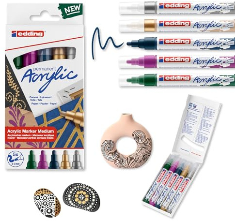 edding 5100 Acrylmarker - grün violett blau silber gold - 5 Acrylfarben Set (festlich) - Rundspitze 2-3 mm - Acryl Farben zum Malen auf Leinwand, Holz, Steine - Acrylstifte für Steine wasserfest