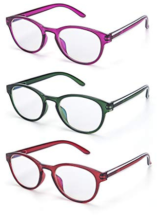 LANLANG 3er-Pack Blaulichtfilter Lesebrille für Damen, Federscharnier, 3 Farben mit rundem Rahmen, L-L009