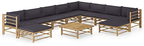 vidaXL Gartenmöbel 11-TLG. mit Dunkelgrauen Kissen Garten Garnitur Sitzgruppe Sofa Gartensofa Lounge Sitzgarnitur Gartenset Ecksofa Mittelsofa Fußhocker Bambus