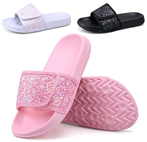 ydscsci Girls Slide Sandals Glitter Sequins Pool Sliders Kids Shower Slippers Beach Flip Flops Hook and Loop Non-slip Thick sole Little Kid