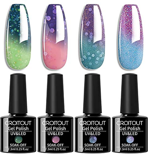 Croitout UV Farbwechsel Gel Nagellack Set, Thermo Shellac Gellack Kit, Mehrfarbig Ablösbarer Nagelgel Farbgel Nagel, Chameleon Polish Set 4 x 7.3ml (4WB-003, 4WB-003)