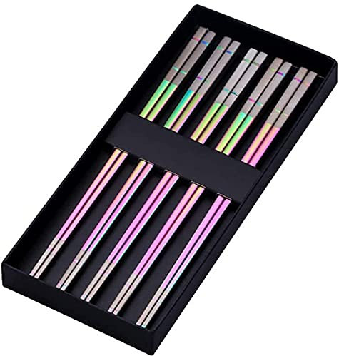 ZHANGDONG Palillos Chinos Palillos Sushi Palillos Coreanos Juego de 5 Pares de Palillos de Metal, Palillos japoneses de Acero Inoxidable, para Fideos de Sushi, Coloridos, Antideslizantes, Aptos p