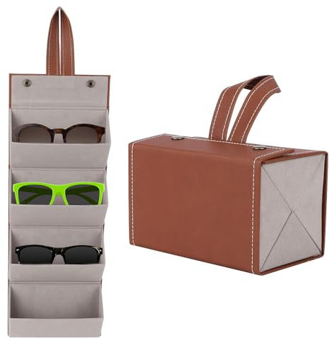 Hapivida Sonnenbrillen Brillen Organizer, 4 Fächer Faltbarer Sonnenbrillen Reise Organizer Mehrere Paare Gläser Aufbewahrungskoffer Hängende Brillen Display Halter (Braun)