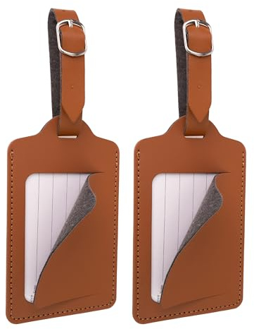 Kofferanhänger mit Adressschild, 2 Pack, Braun, elegantes Kunstleder mit Abdeckungsschutz, für Flugreise, Kreuzfahrt, Namensschild Koffer Anhänger, Luggage Bag Tag ID, Adressanhänger Reise Aufhänger