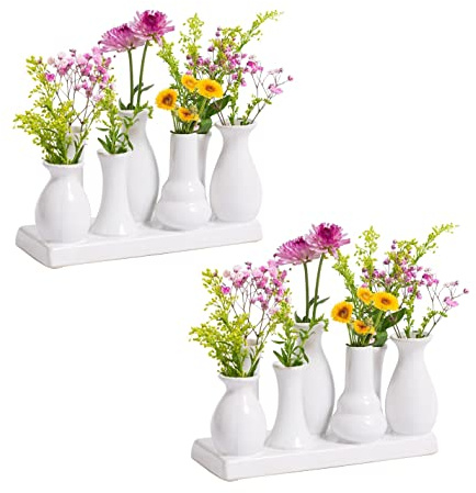 Jinfa 2er Set Keramikvasen – Weiß Mini-Vasen je 7 Stück (19×7×11 cm) – Handgefertigte Tischdeko & Wohnzimmerdeko – Skandinavische Geschenkideen für Blumen & Trockenblumen