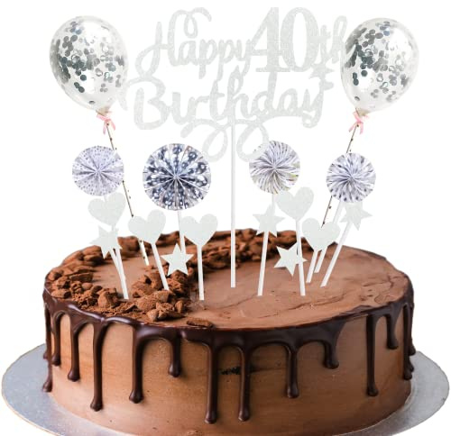 Tortendeko 40. Geburtstag - Kuchen Topper Happy Birthday 40 Jahre - Deko für Mann und Frau - Kuchendeko Silber