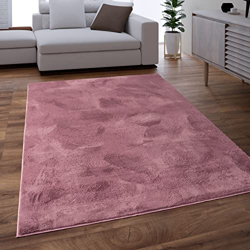 Paco Home Teppich Wohnzimmer Schlafzimmer Kunstfell Shaggy Hochflor Flauschig Soft Einfarbig Rosa Mauve, Grösse:140x200 cm