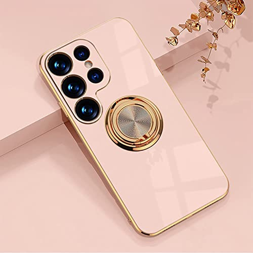 EYZUTAK Electroplated Magnetic Ring Holder Case for Samsung Galaxy S23 Ultra, 360 Degree Rotation Metal Anti-fall Finger Ring Holder Magnet Car Holder Slim Soft Silicone Shockproof Cover - Light Pink