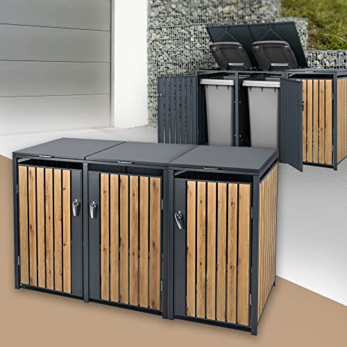 ML-Design Mülltonnenbox 3er 3 Tonnen 240L 200x80x116,3cm Anthrazit-Holzoptik, Stahl, wetterfest/abschließbar Mülltonnenverkleidung Klappdeckel/3 Türen Müllbox Mülltonnecontainer Mülltonnenabdeckung