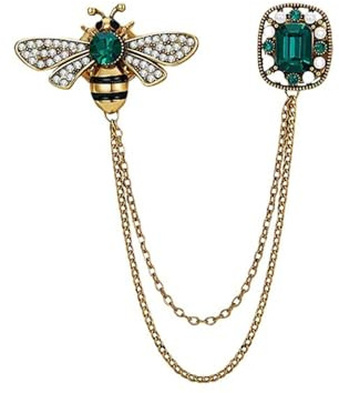 Vintage Honey Bee Brooch Pins for Women Men CZ Crystal Lapel Pin Badge Hanging Tassel Chains Collar Brooches Pin Shirt Collar Pins Hat Scarf Tie Pins Accessories