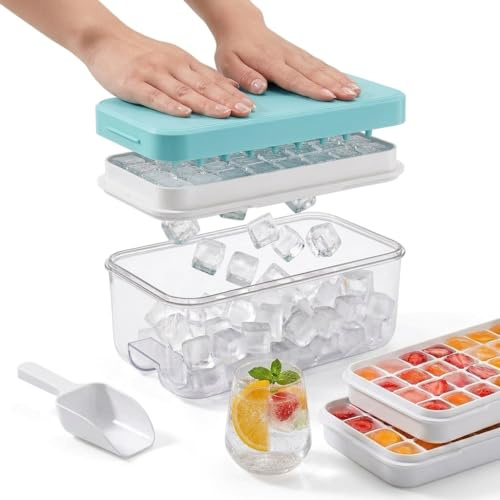 Ice-Cube-Tray with Bin, HARESLE Food Grade Silicone Ice Cube Mould with Lid and Storage, Stackable 64 Small Ice Cube Tray for Quick Chill, Easy Release Ice Trays for Freezer