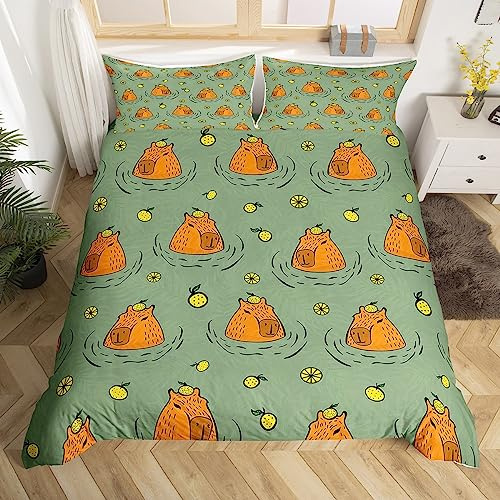 Capybara Duvet Cover Double,Funny Capybara In The Water Comforter Cover for Kids Boys,Cute Brown Capybara Bedding Set,Yellow Fruit Decor Bedspread Cover,Kawaii Rodent Animals Green Quilt Cover