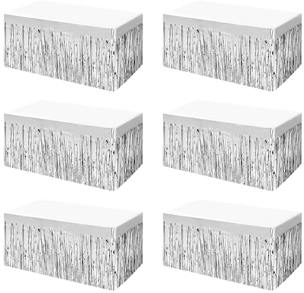 6 PCS Silver Metallic Foil Fringe Tinsel Table Skirts 9 Feetx29.5 Inch for Rectangle Tables, Tinsel Backdrop Curtains,Party Supplies,Wedding, Birthday, Parade Floats, Christmas Decorations