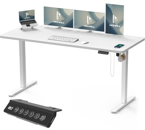 Homall Höhenverstellbarer Schreibtisch 160x70cm mit USB-Anschluss,Weiß | Höhe verstellbar 73-118 cm, Memory-Funktion mit 2 Höhen,1 Haken, Bürotisch
