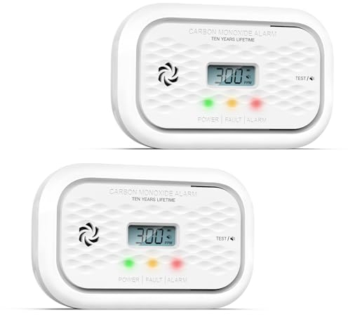Andyssey ZA326 H01 Carbon Monoxide Detector 10 Year Life Sensor and Battery, CO Alarm with Display, Test Button, EN 50291 Standards, 2 Piece