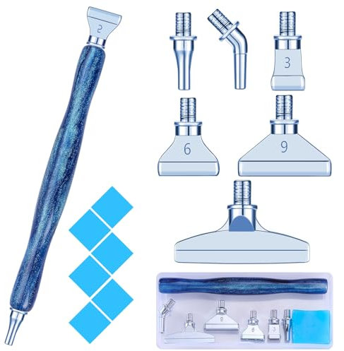 Snewvie Diamond Painting Stift Metall Aufsätze,Diamond Painting Zubehör Set mit 1 Style 5D Drill Pen und 6 Styles Blaue Metall Ersatzköpfe,Diamond Painting Stift mit Gewinde