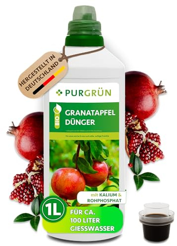 Purgrün® Bio-Granatapfel-Dünger 1 Liter – Hoher Ertrag dank extra Phosphor – Bio & Vegan – Premium-Flüssigdünger – Ohne tierische Inhaltsstoffe – Ergiebiges Konzentrat für 100 Liter Wasser