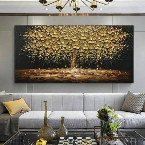 JACBON Abstrakte Blätter-Ölgemälde, Druck auf Leinwand, Textur, goldene und silberne Bäume, Wandkunst, moderne Heimdekoration, Wohnzimmer-Wanddekoration, 60 x 120 cm (24 x 47 Zoll), Innenrahmen