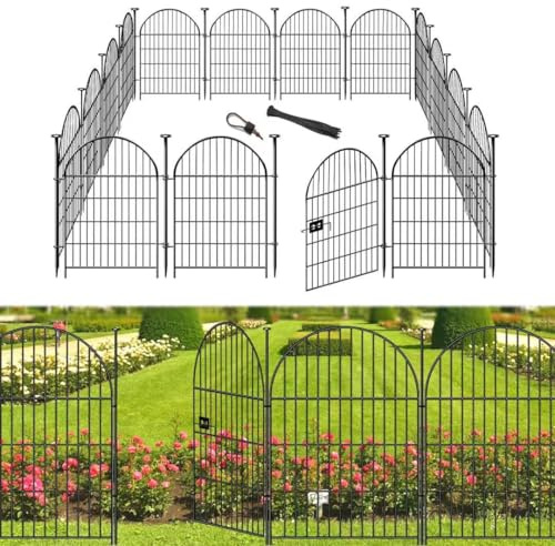 Okaygardn Hoher Gartenzaun mit Tor, 81,3 cm (H) x 10,2 m (L), Gartenzaun, Tierbarriere, 16 Paneele, Hundegraben Zaunbarriere, schwarz, rostfrei, Gartenzaun, Beetzaun für den Außenbereich, Hof