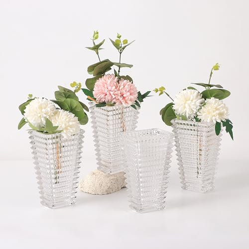 MCMCNCUIU Crystal Vases Set of 4, Clear Glass Vases, Crystal Vase for Centerpieces, Modern Flower Vase for Living Room, Bedroom, Kitchen, Dining Table, Shelf, Wedding, 6 Inches