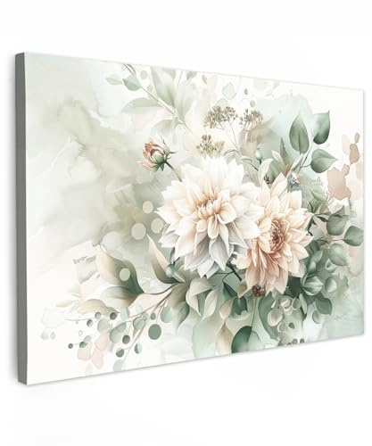 MuchoWow© Bild auf Leinwand Groß XXL Schlafzimmer Bilder Badezimmer Wand | 120x80 cm - Deko Wohnzimmer Modern Wanddeko Bilderwand Geschenk Blumen - Weiß - Pflanzen - Dahlien