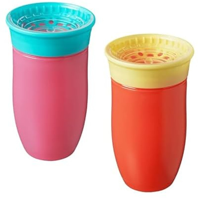 Nuby Rundum-Wasserflasche, kein Verschütten, 300 ml, trinken Sie aus jedem Winkel, spülmaschinenfest, BPA-frei, geeignet für 6 Monate plus (2 Stück, Rosa/Orange)