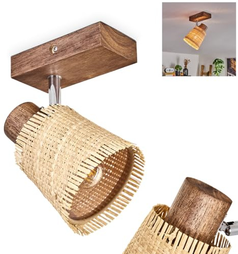 HOFSTEIN Ceiling Light Lindberg, Modern Ceiling lamp, Wood/Metal/Bast, Dark Brown/Chrome/Natural/Black, Scandinavian Design, Adjustable Spotlight, E14, Corridor, Dining Room, Kitchen, Office