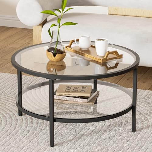 DIYART 29.5 Round Glass Coffee Table, 2-Tier Modern Black Glass & Metal End Table for Living Room, Mid Century Accent Table with Lower Shelf, 29.5 D x 16.5 H