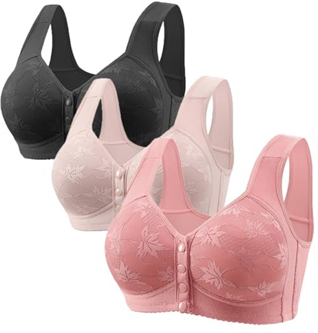Flodxo Womens Bras 3 Pieces Front Fastening Bras Front Button Wireless Bra Non Wired Full Support Push Up Bras High Impact Minimiser Push Up Bralettes Vest Bra for The Elderly Black 6XL