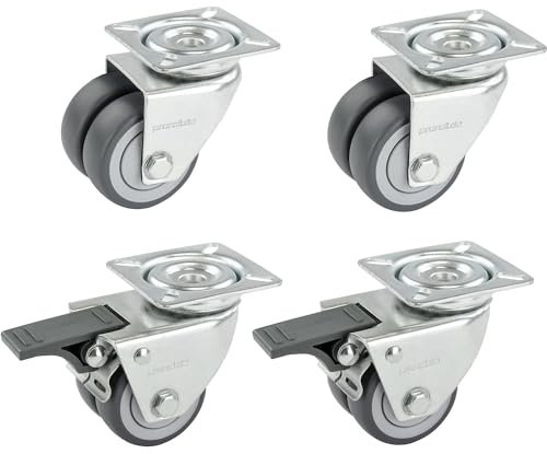 Proroll | Set Doppelrollen aus thermoplastischen Gummireifen | 4 Lenkrollen davon 2 mit Doppelstopp | mit Montageplatte | Rad-Ø x Breite 75 x 23 mm | Kugellager