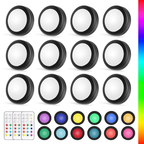 Yiliaw LED Puck-Lichter mit Fernbedienung,AA-Batteriebetriebene Lichter,12 Farben Schrankbeleuchtung,Unterbauleuchten,Drucklichter,Unterschrankbeleuchtung für die Küche,12er-Pack,Weiß