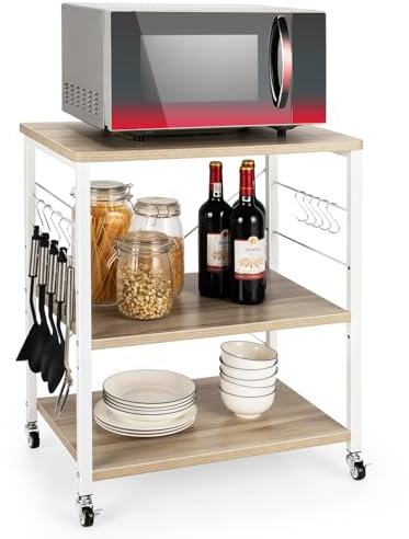 COSTWAY 3 Ebenen Servierwagen, Rollwagen mit Verstellbarer Ablage & 10 abnehmbaren Haken, Küchenwagen mit Rollen, Küchenrollwagen für Küche, Esszimmer, Bar und Restaurant, 60 x 40 x 73cm (Natur)