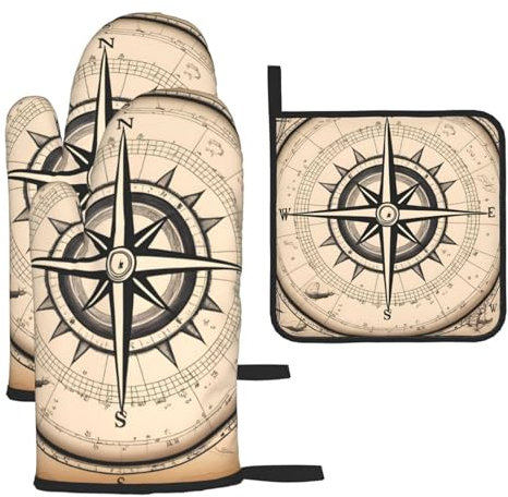 YYHHAOFA Lot de 3 gants de cuisine imperméables et durables pour four et manique pour isolation thermique, boussole, carte, imprimé nautique