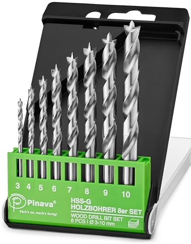 Pinava® Holzbohrer Set 3-10 mm [anhaltend Scharf & Präzise] HSS-G Bohrerset - 8tlg. Bohrer Set Holz - Bohrersatz für saubere Bohrlöcher