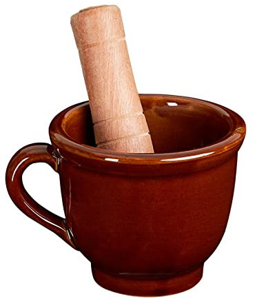 FAJNUZI2024 Mörser & Stößel Keramik-Mörser- und Stößel-Set, handgefertigter Pillenzerkleinerer aus Keramik, Gewürzmühle, Kräuterschale, 5,2 Zoll braun Mörser mit Stößel Set