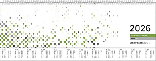 Zettler Tischquerkalender 1W/2S ver. Rückw. PERFO XL grün 2026 – Wochenkalender 36 × 11 cm mit verlängerter Rückwand & Aufstellvorrichtung, grün/weißes Papier, Stundeneinteilung 7–20 Uhr