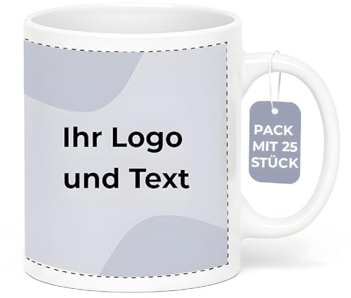 Cimpress Personalisierte Firmen-Tassen, 325 ml, weiß, 25 Stück | Eigenes Logo hinzufügen, Geschenke zum Firmenjubiläum & Kollegen, Kaffeebecher für Büros & Merchandise