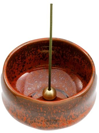Asayu Japan Porte-encens - Bol rouge brique - Pour bâtonnets de 10 cm - Fabriqué au Japon - Récupérateur de cendres traditionnel - Avec support amovible en laiton - Pour yoga, méditation et détente