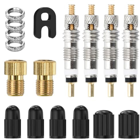 Juego de 17 válvulas para bicicleta, núcleo de válvula Presta, adaptador de tornillos de válvula francesa, herramienta con tapas protectoras, juego completo para bicicletas y bicicletas de montaña (17