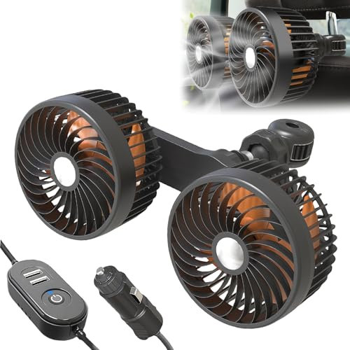PRITOK 12V/24V Car Seat Fan: Dual Head Car Fan with Cigarette Lighter Plug, Low Noise Automobile Vehicle, 3-Speed Powerful Cooling & Dual USB Charging Ports for SUV, Truck, RV, 360° Rotatable ​