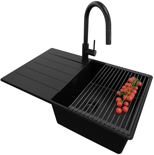 PRIMAGRAN Fregadero Granito al Mueble 50cm + Grifo, 78x50cm | Set: Grifo BW9010 + Kit de desagüe + Enrollable Escurridor + Copenhague Top 1 Seno para Cocina, Todo Negro